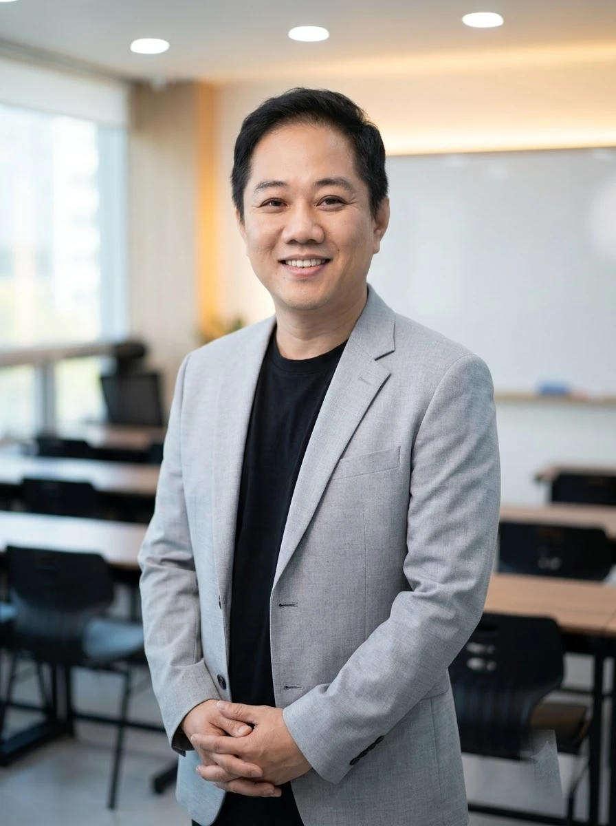 이태훈 원장이 강의실에서 손을 모으고 웃으며 서 있는 모습